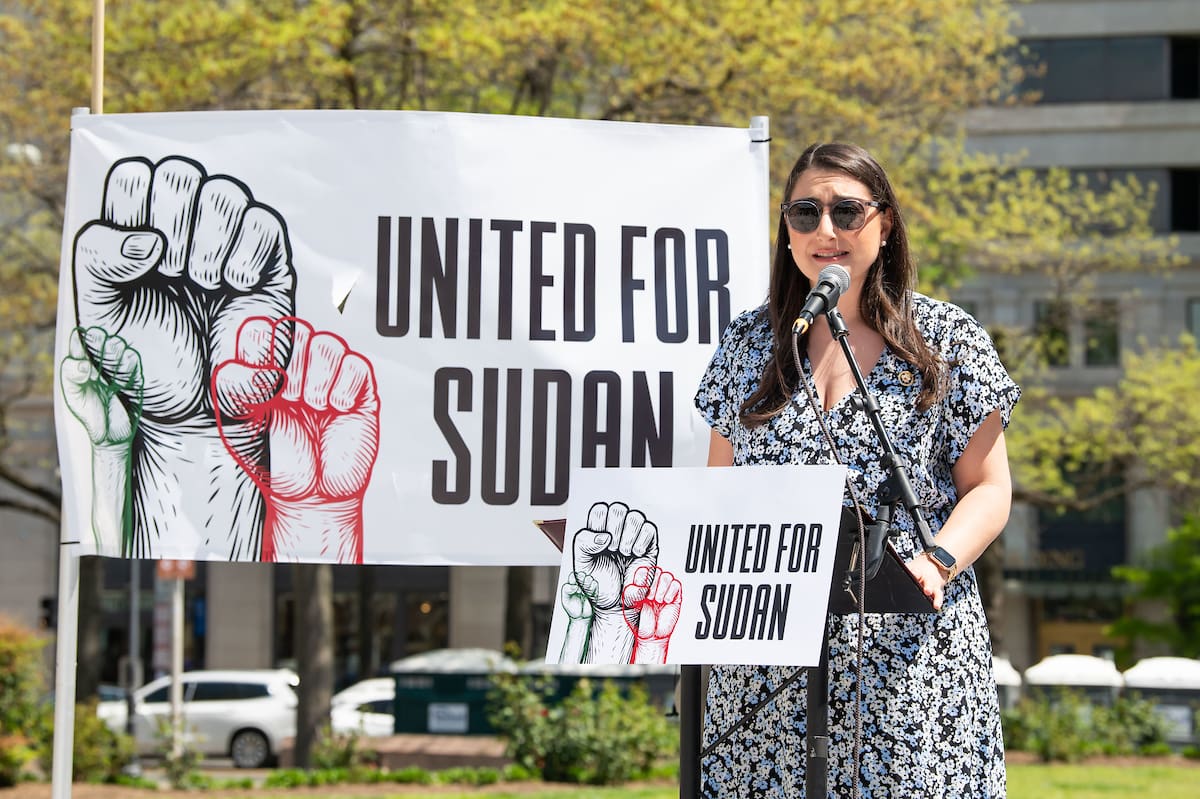 Rep. Sara Jacobs speaks at United for Sudan Rally to mark one year of the conflict and humanitarian crisis in Sudan and call for immediate action to end the war on Monday, April 15, 2024 in Washington. (Joy Asico-Smith/AP Images for Amnesty International USA)