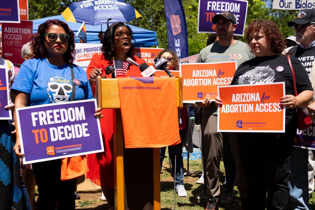 PHOENIX, ARIZONA - APRIL 17: Members of Arizona for Abortion Access, the ballot initiative to enshrine abortion rights in the Arizona State Constitution, hold a press conference and protest condemning Arizona House Republicans and the 1864 abortion ban during a recess from a legislative session at the Arizona House of Representatives on April 17, 2024 in Phoenix, Arizona. Arizona House Republicans blocked the Democrats from holding a vote to overturn the 1864 abortion ban revived last week by the Arizona Supreme Court. (Photo by Rebecca Noble/Getty Images)