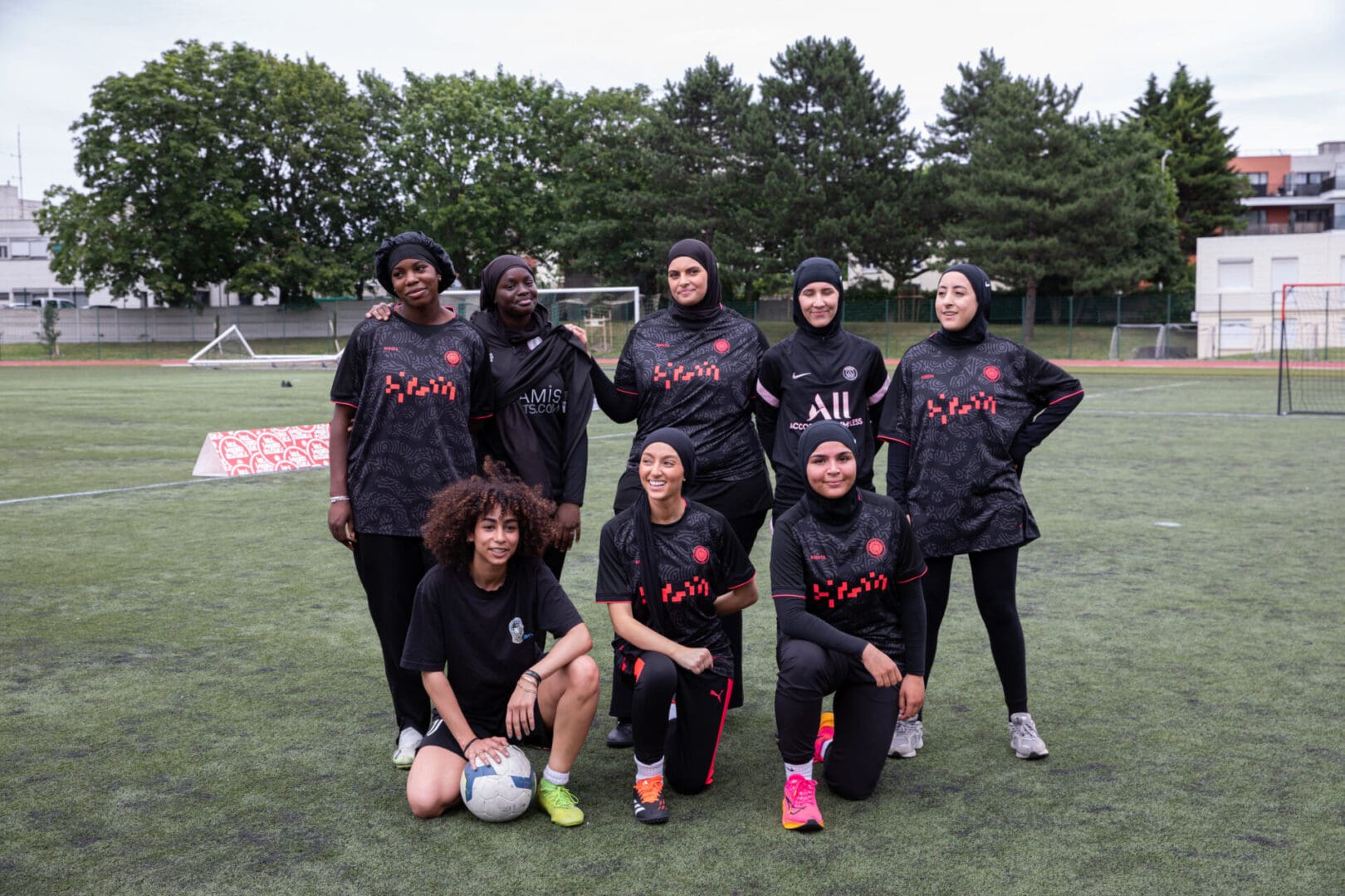 Group portraits of participants at an event organised by Les Hijabeuses, a collective of football players campaigning to overturn hijab bans in French football. 29 June 2024