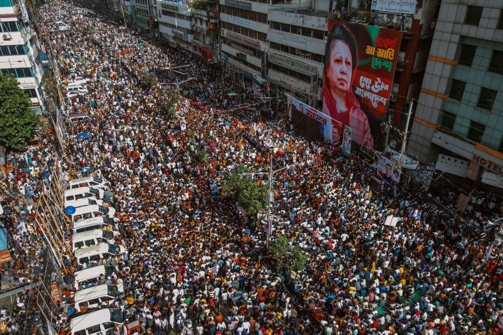 DHAKA, BANGLADESH, AUGUST 7: Bangladesh Nationalist Party (BNP), the main opposition party to former PM Sheikh Hasina’s Awami League, holds a rally in Dhaka to celebrate Hasina's resignation, as her 15 year rule came to an end on 5 August amid weeks-long deadly protests on 7, 2024 in Dhaka, Bangladesh. Bangladesh Nationalist Party (BNP), the main opposition party to former PM Sheikh Hasina’s Awami League, holds a rally in Dhaka to celebrate Hasina's resignation, as her 15 year rule came to an end on 5 August amid weeks-long deadly protests. (Photo By Abdul Goni/Drik/Getty Images)