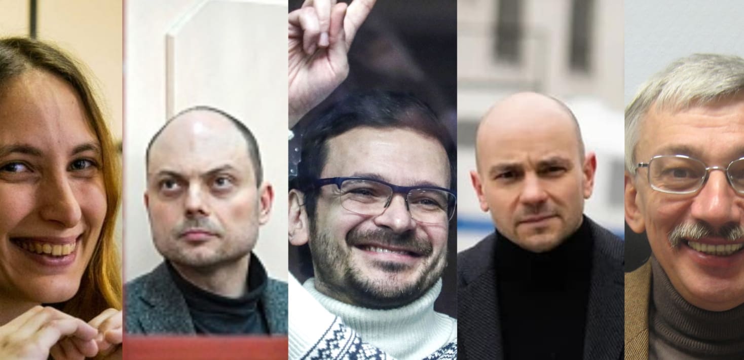 the faces of political prisoners in Russie who were released as part of swap on August 1