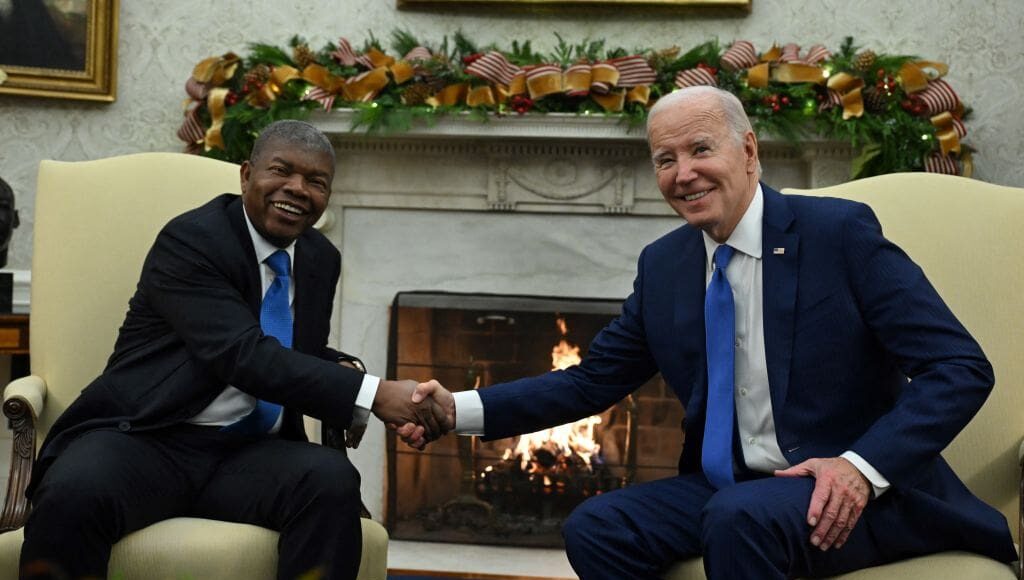 US President Joe Biden shakes hands with Angolan President Joao Lourenco during a meeting in the Oval Office of the White House in Washington, DC, on November 30, 2023. (Photo by ANDREW CABALLERO-REYNOLDS / AFP) (Photo by ANDREW CABALLERO-REYNOLDS/AFP via Getty Images)