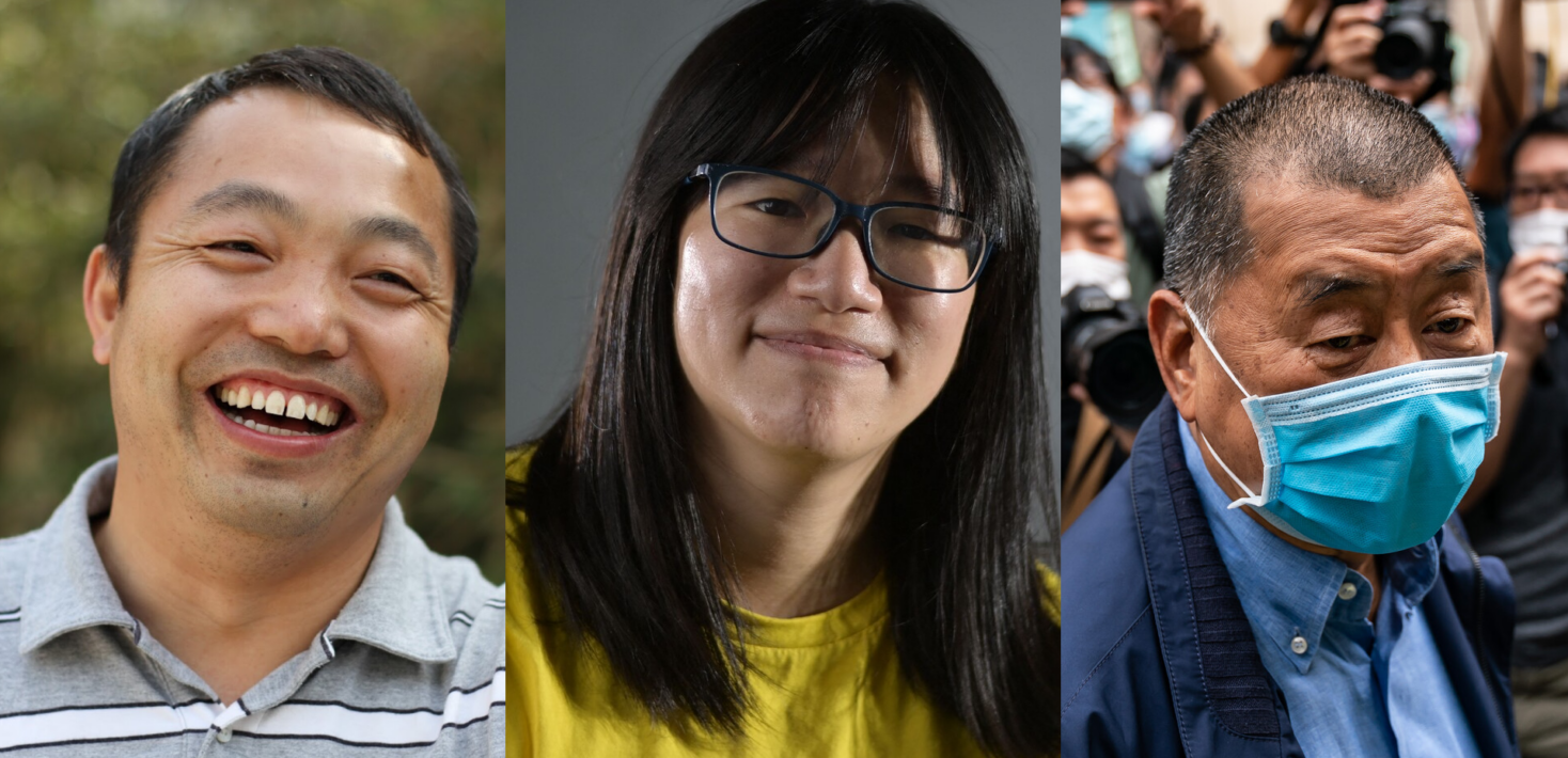 the faces of Human rights lawyers Chow Hang-tung and Ding Jiaxi, along with the free media advocate Jimmy Lai.